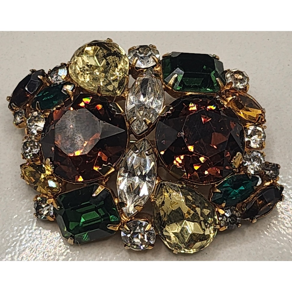 Vintage Multi Color Rhinestone Cluster Brooch Gold Tone Brown Green Yellow